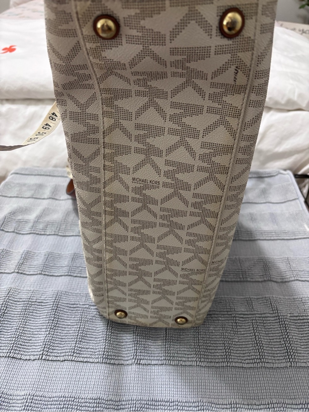 Michael Kors Beige MK Logo Tote with Brown Leather Handles - Picture 7 of 9